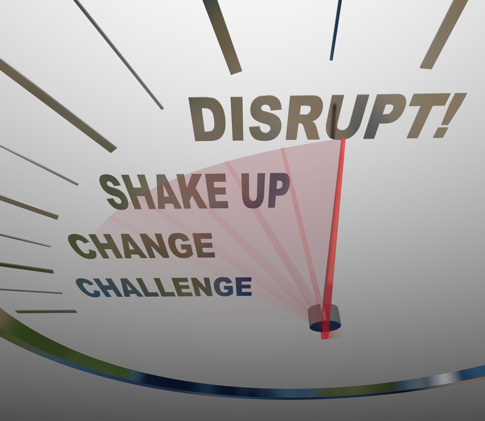 Graphic image with scale including the words challenge, change, shake up, disrupt