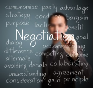 Person writing the word: Negotiation and related terms