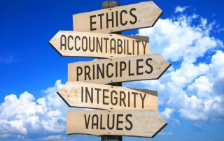 road signs with the words: ethics, accountability, principles integrity, values