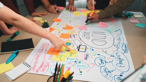 Group of people creating a mind map for a planning exercise, complete with sticky notes and markers