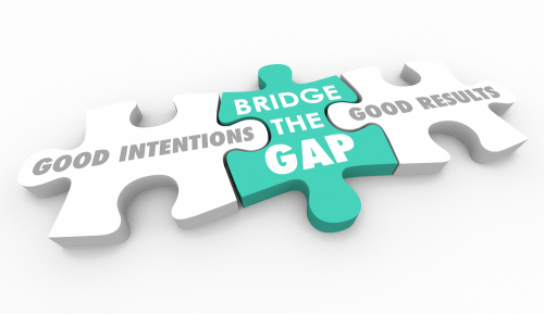 Good,Intentions,Vs,Results,Puzzle,Pieces,Words,3d,Illustration image of puzzle pieces with the words intentions, good results, and bridge the gap in the middle.
