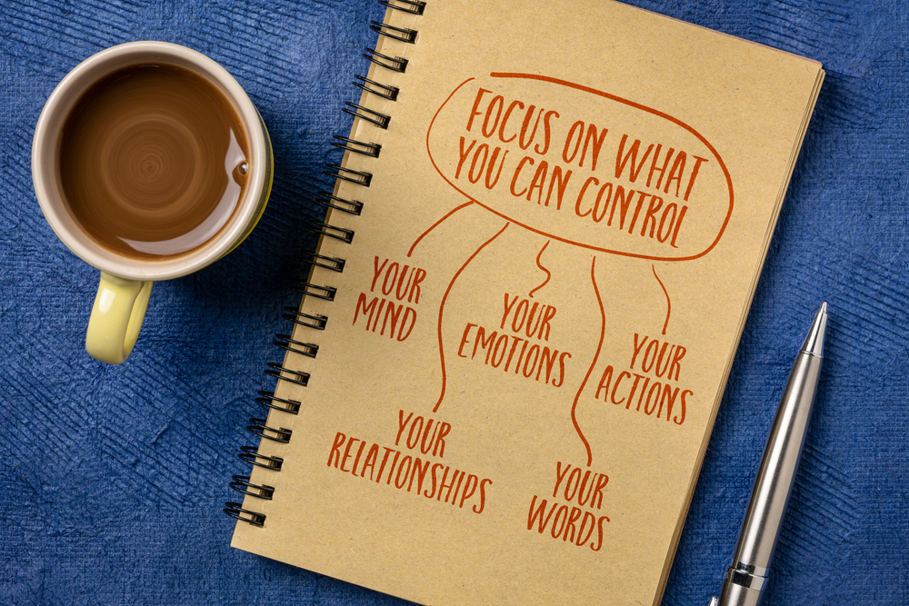 Image of notebook and coffee cup. The notebook cover says: Focus on What You Can Control.